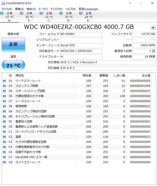 WD40EZRZ-RT2　CrystalDiskInfo